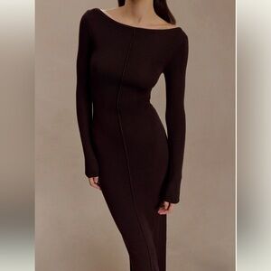 NWT. MESHKI Cleona Merino Wool Ribbed Long Sleeve Maxi Dress - Deep Chocolate